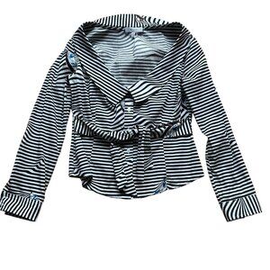 Milly Size 8 Black & White Striped Off The Shoulder Long Sleeve Blouse With Belt